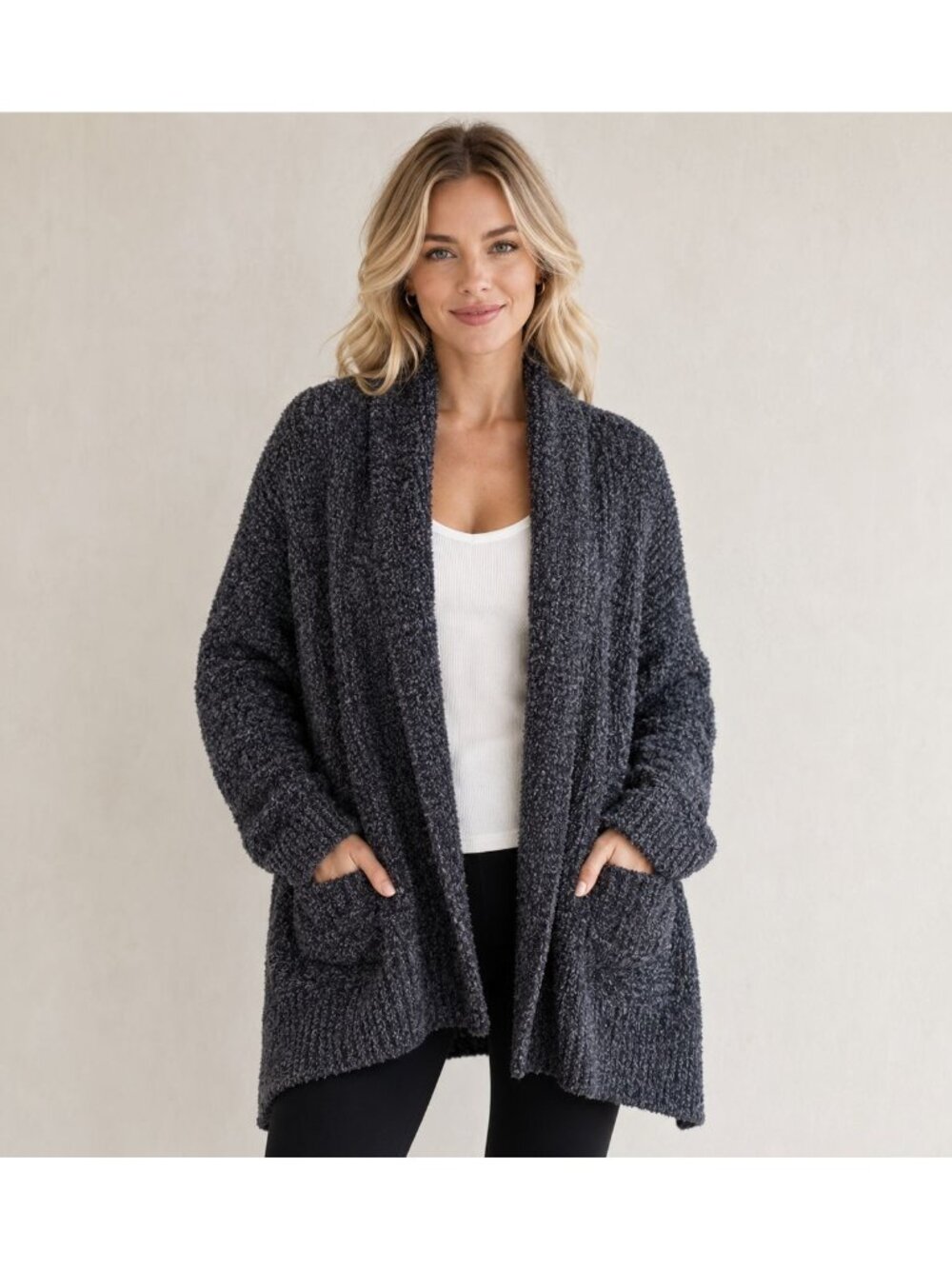 Barefoot Dreams Cozy Cardigan Open Front Heather Gray Knit Sweater M